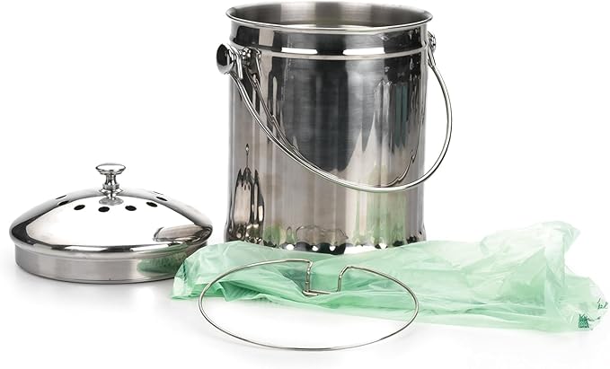 RSVP International Kitchen Collection Compost Pail, 1 Gallon Compostable Bags, Green