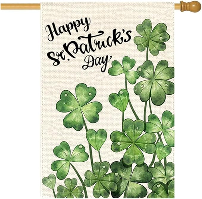 Happy St Patricks Day House Flag 28x40 Inch Double Sided Outside, Blossom Shamrock Outdoor Large Garden Yard Flag Green Lucky Clover Holiday Decoration