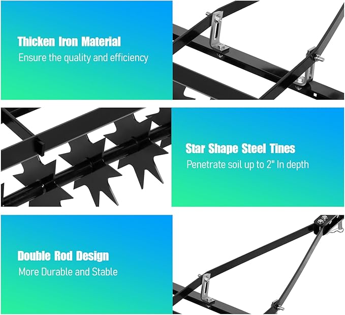 35" Tow Behind Lawn Plug Aerator with Universal Hitch, Lawn Aerator Tow Behind with 40 Galvanised Steel Tines, Designed to Pull Behind Lawn & Garden Tractors