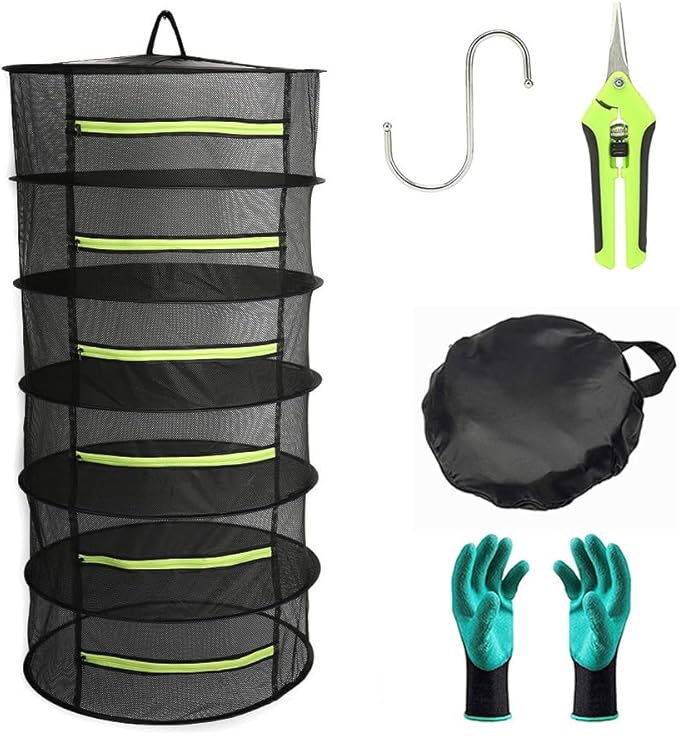 6-Layer Herb Drying Rack, 2ft Plant Hanging Mesh Dry Net with Green Zippers and Bonus Hook