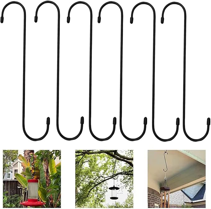 Lchkrep Plant Hooks 6 Pack 10 inch Black,Large Plant Hanger S Hook Garden Hooks for Plants, Hanging Baskets,Flower, Pergola,Garden,Patio,Kitchen,Indoor Outdoor Uses (Black-10inch)