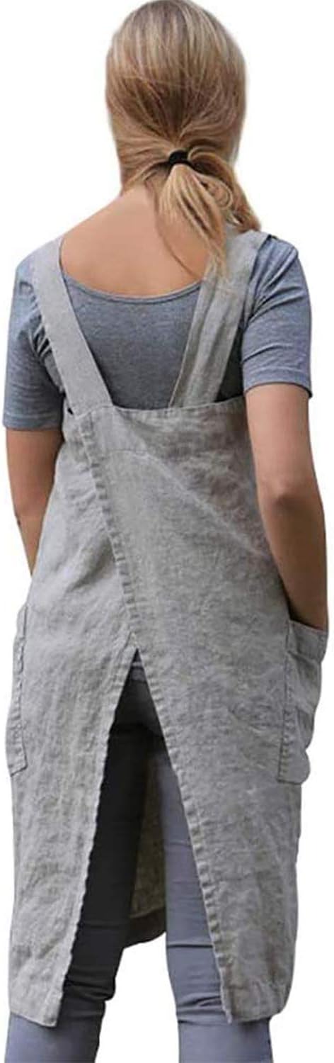 VLZUFE Cotton Linen Apron for womens Cross Back Apron Pinafore Dress for Baking Cooking Gardening Work