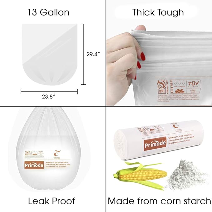 Primode Compostable Bags, 13 Gallon Food Scraps Yard Waste Bags, 50 Count, Extra Thick 0.87 Mil. ASTMD6400 Compost Bags Small Kitchen Trash Bags, Certified By BPI And TÜV AUSTRIA