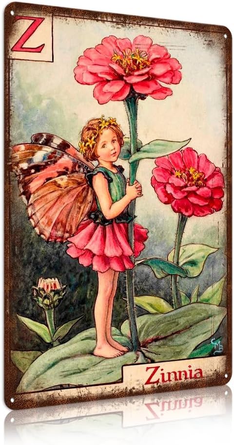 Flower Fairy Wall Decor Vintage Metal Tin Signs Fairy Garden Accessories - Zinnia