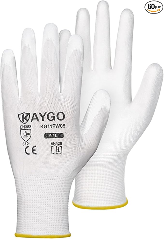 KAYGO Work Gloves for Men and Women, 60 Pairs Seamless Knit PU Coated Safety Gloves, with Smooth Grip on Palm and Fingers, Ideal for Light Warehouse, Manufacturing, Gardening, KG11P (M, White)