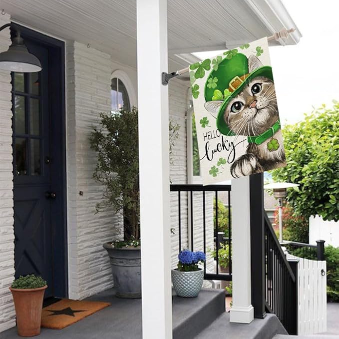 CROWNED BEAUTY St Patricks Day Cat House Flag 28x40 Inch Double Sided Large Burlap Holiday Flag for Outside Yard