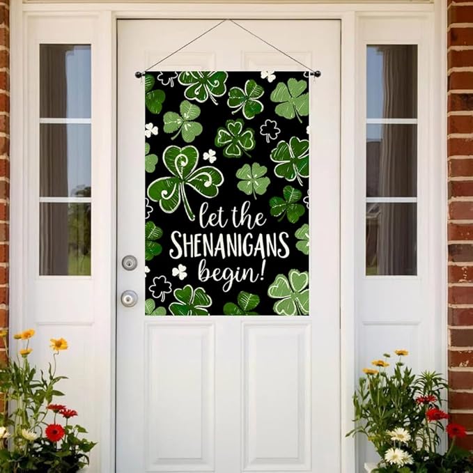St Patricks Day House Flag 28x40 Inch Double Sided Outside, Let the Shenanigans Begin Shamrock Outdoor Large Garden Yard Flag Green Lucky Clover Holiday Decoration