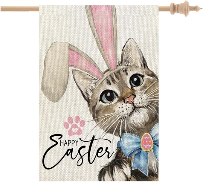 CROWNED BEAUTY Easter Cat House Flag 28x40 Inch Double Sided for Outside Small Burlap Welcome Holiday Yard Decoration CF1729-40