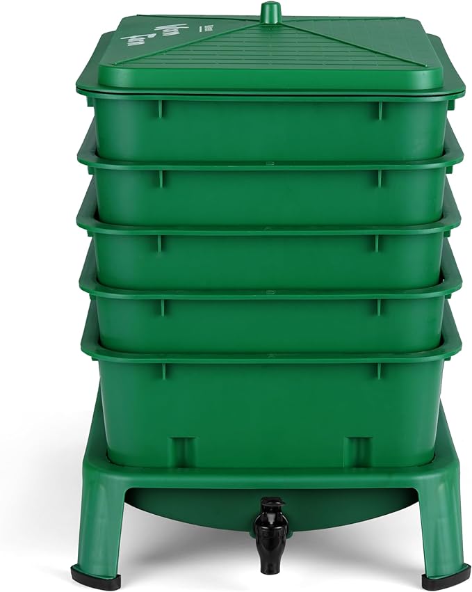 Blütezeit 5-Tray Worm Compost Bin, 53QT Worm Composter Indoor & Outdoor, Worm Farm Starter Kit for Vermicomposting, Recycling Food Waste (Green)