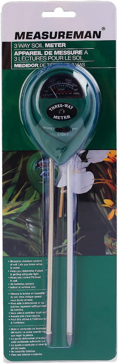 MEASUREMAN 3-in-1 Soil Tester with Moisture/Light/pH Test for Plants, Gardening Tool for Indoor & Outdoor, Great for Gardens, Lawn, Farms, Balcony, No Batteries Required