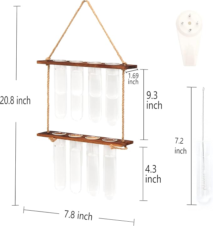 Wall Hanging Planters Propagation Tubes with Wooden Stand,2 Tier Retro Terrarium Glass Containers Hydroponic Garden Plants Propagation Stations for Office Home Decor,8pcs Test Tubes (Brown)