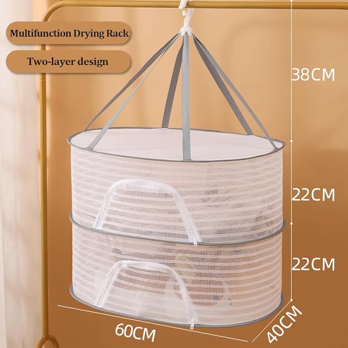Herb Drying Rack 2 Layers Folding Mesh Hanging Drying Net Vegetable Dryer Multifunctional with Zipper,Dry Plants, Herbal,Weed,Clothing,Foods Drying Rack(White)