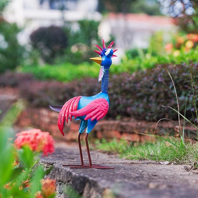 Metal Wacky Rooste Garden Statue, Rooster Decor Yard Statue Decorations Outdoor, Chicken Yard Art for Outside, Patio, Backyrad, Lawn (Blue & Pink)