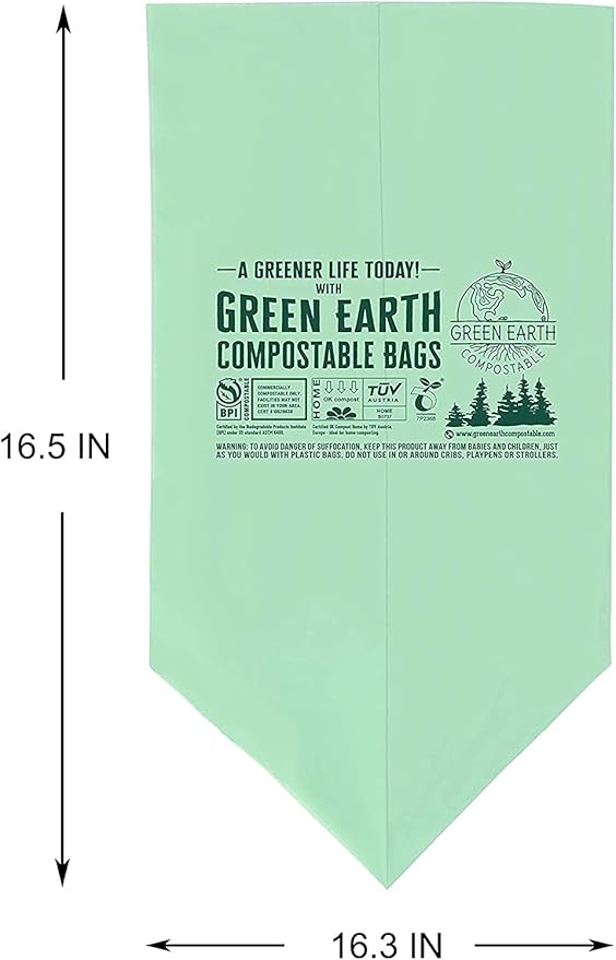 Green Earth Compostable Small Kitchen Food Scrap Trash Bags, Compost Bin Compatible, 2.6 Gallon, 10 Liter, 300-Count, Extra Thick 0.71 Mil, ASTM D6400, BPI (US) & OK Compost Home (EU) Certified