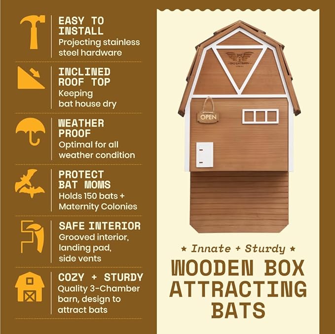 WildYard Big Bat Barn - 3-Chamber, Large Bat House - Brown, Cedar - Weather-Resistant Ventilation & Wildlife Shelter - Textured Landing Pad & Wall-Mount Roost Kit