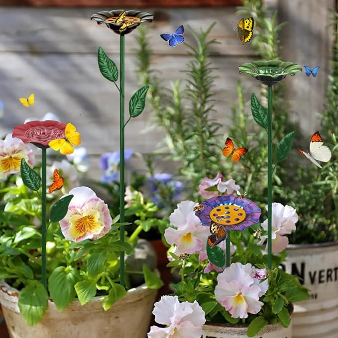 dreamysoul 4 Pack Bee Watering Station, Bee Waterer for Honey Bee & Butterfly, Metal Bee Bath with Flower Design for Garden Yard
