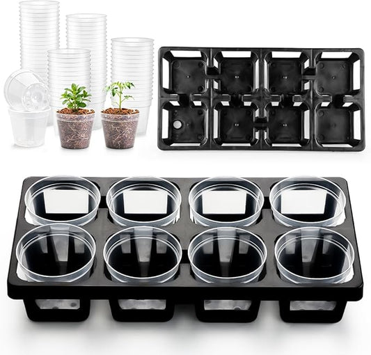 8 Cell Nursery Pot Trays 10 Pack (12"x6"x2") with 2.5 inch (6.5CM) Round Seedling Pots 80pcs (Clear), Plastic Seed Starter Tray with Removable Drain Holes for Carrying and Holding Plant Pot