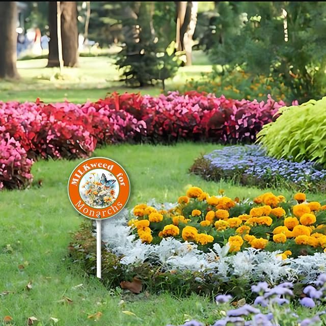 Kurmntregon Milkweed For Monarchs Sign With Stake Butterflies Garden Sign Round 9.2inch Rustproof Farm Home Lawn Walkway Ground Porch Aluminium Decorations