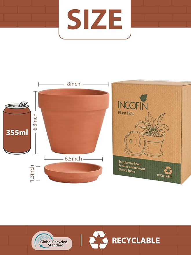 INGOFIN Terracotta Pots Set with Saucer - 2-Pack Ceramic Clay Planters with Drainage Hole, Garden Flower Succulent Pots with Tray for Indoor Outdoor Plants, 8 inch, Set of 2