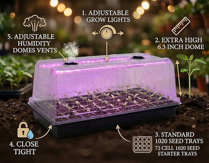 1020 Trays with Grow Light and 6.3" Humidity Dome - 4 Pack Heavy Duty Seed Trays with 72 Cell Plug Trays, Germination Kit with Timer and Dimmable LED - Reusable Plant Propagation Box for Gardening