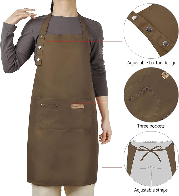 Adjustable Button Apron for Women Men Artist Painting Pottery Garden Cooking Kitchen Chef 3 Pockets Waterproof M-XXL