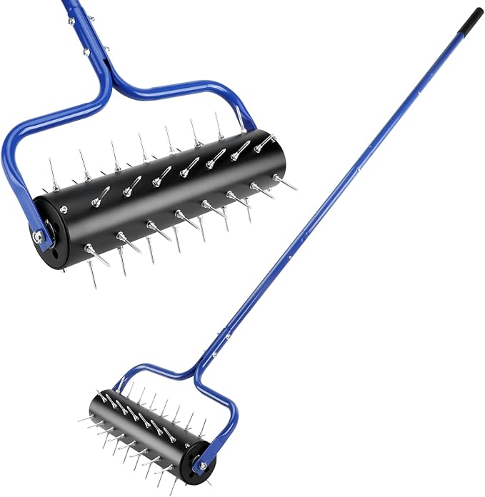 21" Rolling Lawn Aerator, 45 Preassembled Spikes, Only Needs 3-5 Minutes to Assemble, No Looseness, No Bending, No Need to Add Weight, 75" Long Handle with Quick Clip Connections - Blue