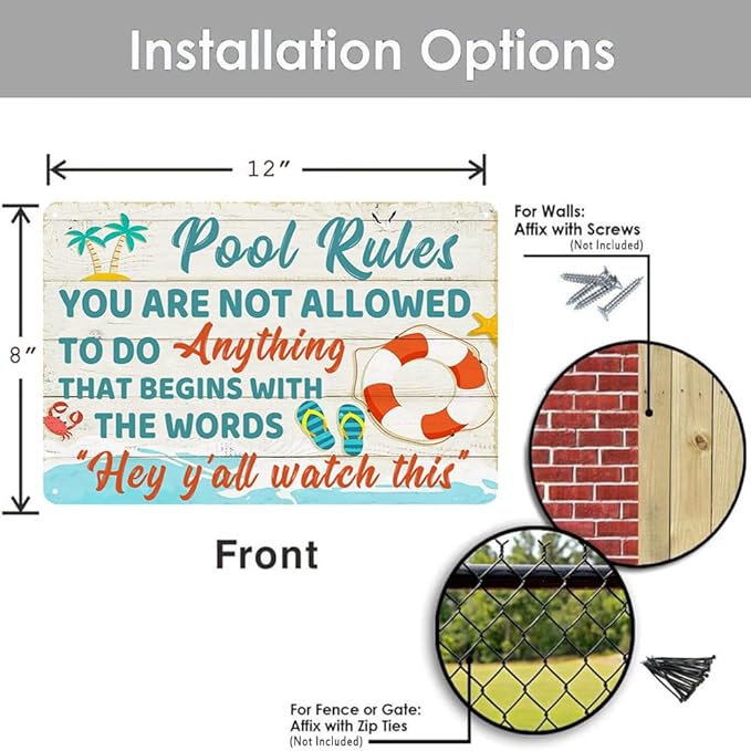 Funny Pool Signs Pool Decorations Outdoor Pool Rules Sign Pool Deck Decor Pool Metal Signs Pool Patio Accessories For Beach, Home, Bar, Pool Deck, And Backyard Wall Decoration 8 X 12 Inches