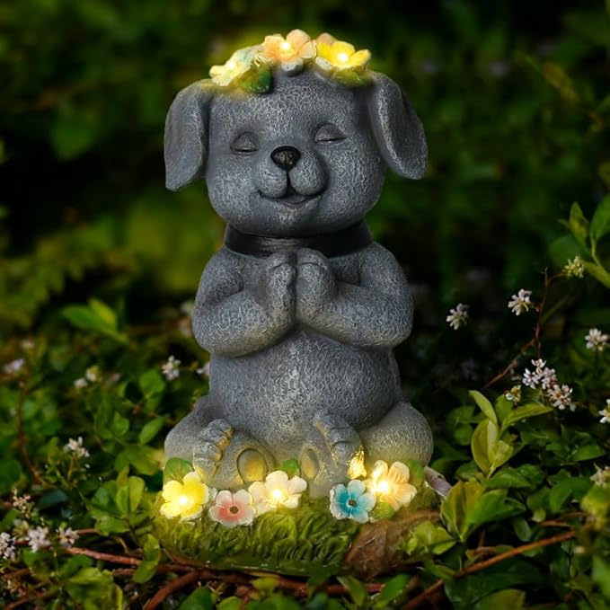 Solar Dog Figurine Garden Decor with LED Lights - Solar Powered Outdoor Statue for Yard, Patio, Lawn - Waterproof Animal Decor