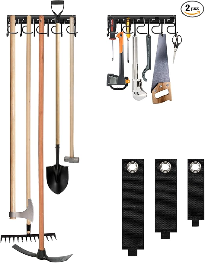LEYU Metal Garage Tool Organizer Wall Mount, 2 Pack Garden Tool Organizer With Extension Cord Straps, Garage Organization Hooks and Hangers for Shed, Yard Storage, Wall Holder for Hanging Broom Mop