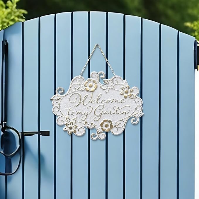 All Chic Welcome to My Garden Sign Hanging Yard Sign for Garden Decor Rustic Farmhouse Backyard Outdoor Wall Decor(White)