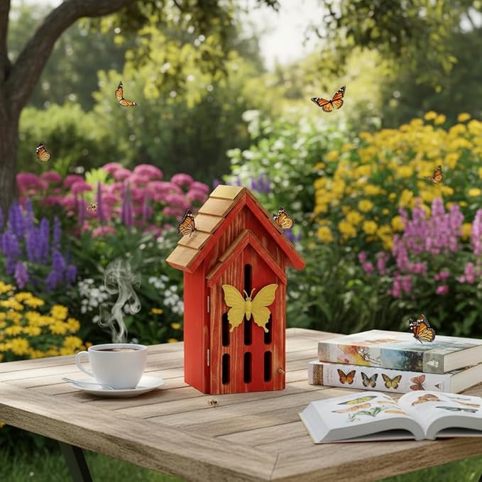 Shingle Roof Butterfly House for Outdoor, Insect House, Vintage Style Cedar Wood Bee House for Garden Outside, Open Door for Easy Cleaning Conservation.Shelter Hotel with Hooks for Hanging (Red)