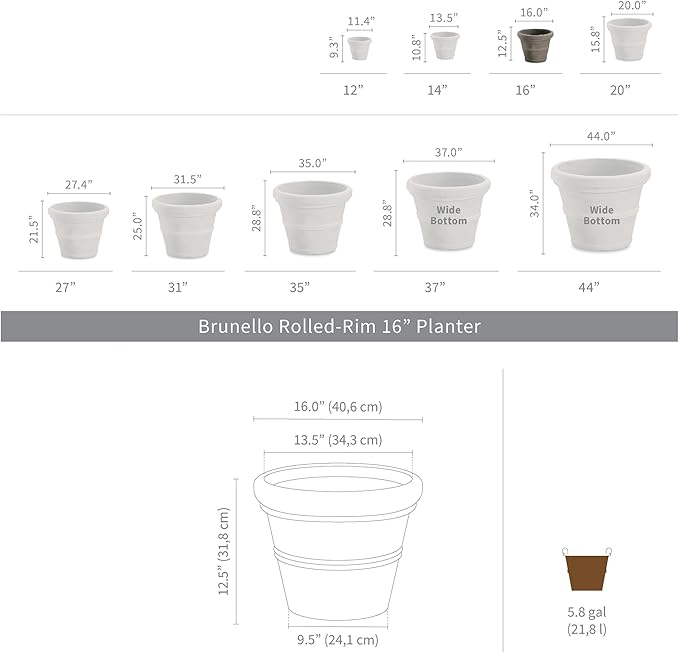 Crescent Garden Brunello Classic Rolled Rim Planter Pot, Indoor/Outdoor Weather-Safe Round Plant Pot, Premium Plastic Flowerpot for Houseplants, Herbs - 16''W (Parchment)