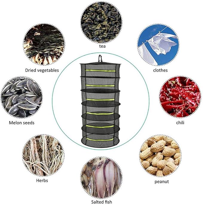 6-Layer Herb Drying Rack, 2ft Plant Hanging Mesh Dry Net with Green Zippers and Bonus Hook