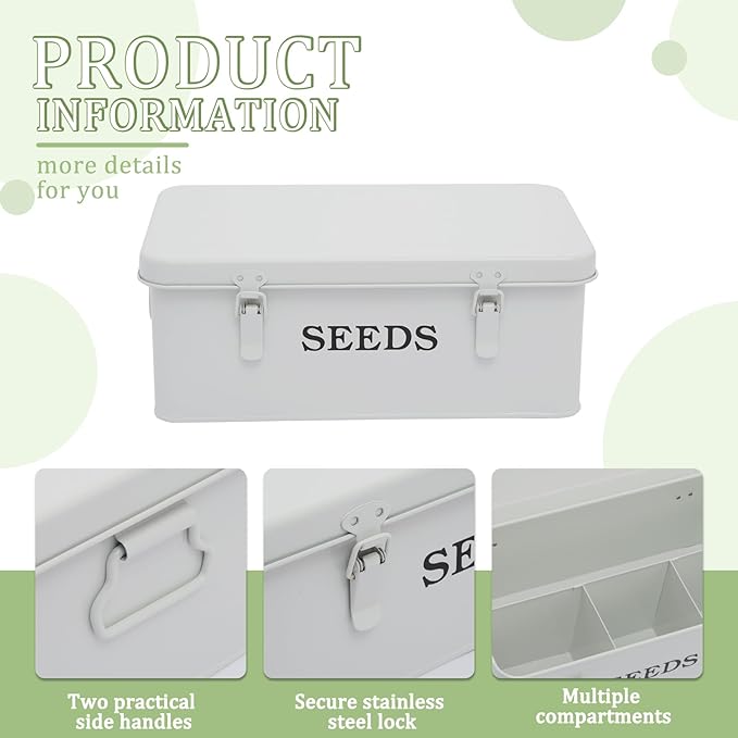 Seed Storage Organizer, 4 Compartment Seed Storage Box with Safety Lock, Metal Seed Box Seed Packet Container with 1 Pen, 12 Slots, 20 Plant Labels & 30 Seed Envelopes, White Gardening Gift