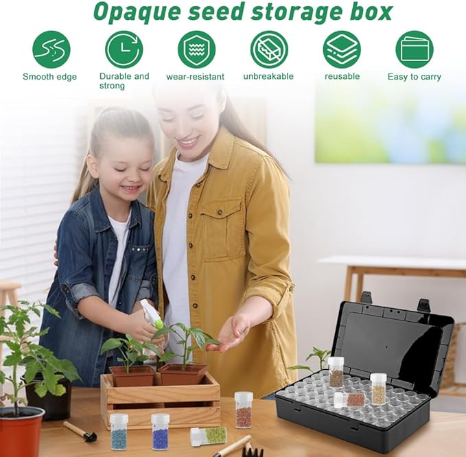 Seed Storage Box with 60 Bottles and Label Stickers, Opaque Light Proof Seed Organizer, Garden Pip Saver kit Seed Container Storage for Flower Plants Vegetable Seed Saving