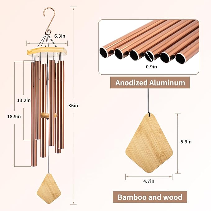 Wind Chimes Outdoor Deep Tone, Wind Chime for Outside, Memorial WindChimes with Hook as Gifts for Mother's Day/Housewarming/Christmas, Patio, Garden, Yard, Home Décor, Copper