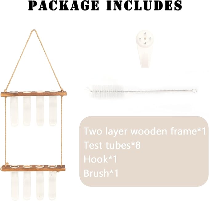 Wall Hanging Planters Propagation Tubes with Wooden Stand,2 Tier Retro Terrarium Glass Containers Hydroponic Garden Plants Propagation Stations for Office Home Decor,8pcs Test Tubes (Brown)