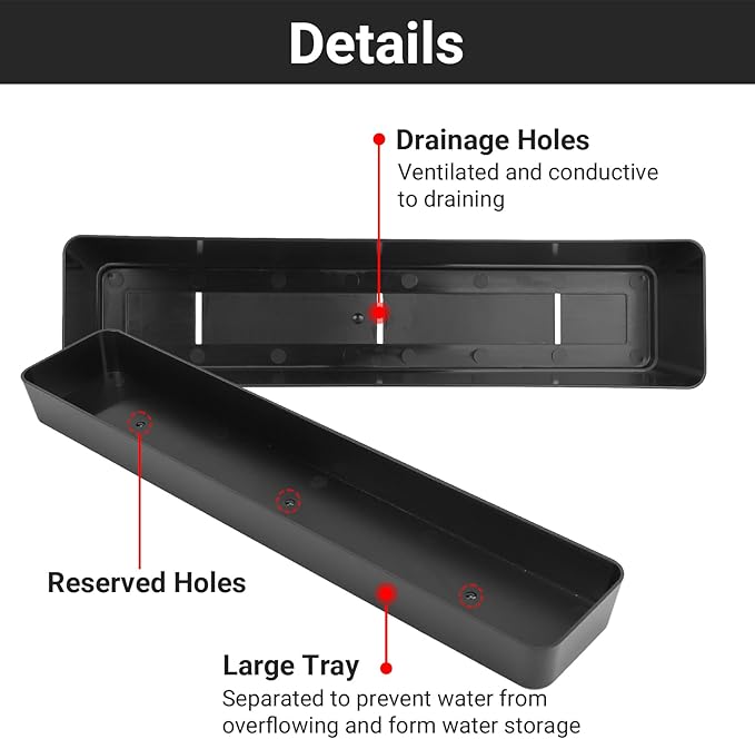 GREANER 3PCS 16x3.8 Inch Window Boxes Planters, Black Rectangle Planters Box with Drainage Holes and Trays, Herb Succulents Flowers Plastic Pot for Windowsill, Garden, Balcony, Indoor, Outdoor Decor