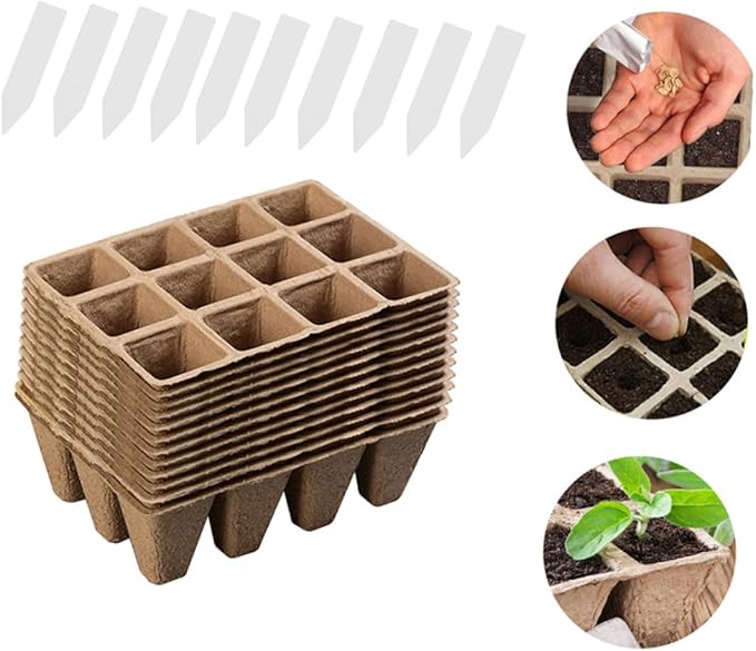 Biodegradable Pulp Nursery Pots and Planting Cases 24pcs Set with White Toppers for Seed Starting and Indoor Garden Propagation