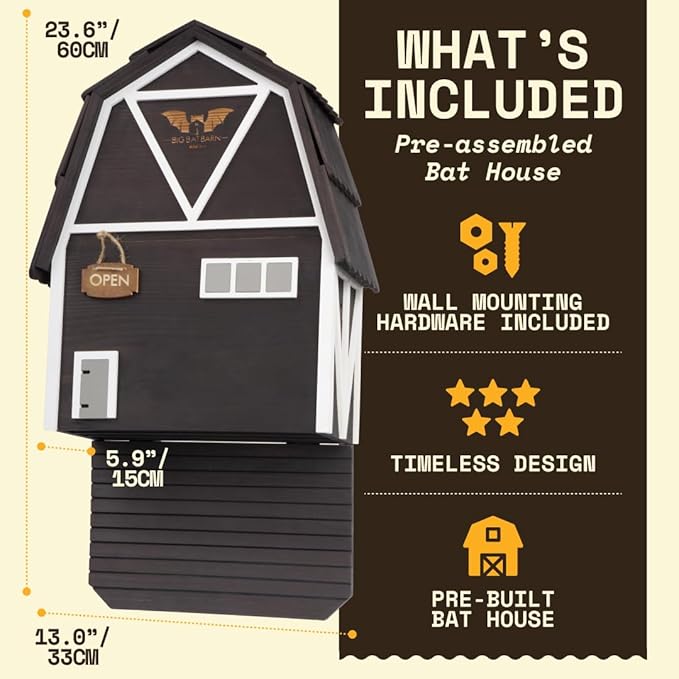 WildYard Big Bat Barn - 3-Chamber, Large Bat House - Black, Up to 150 - Ventilated Design for Year-Round Roosting - Textured Landing Pad for Effortless Entry - Preassembled Wall-Mount for Quick Setup
