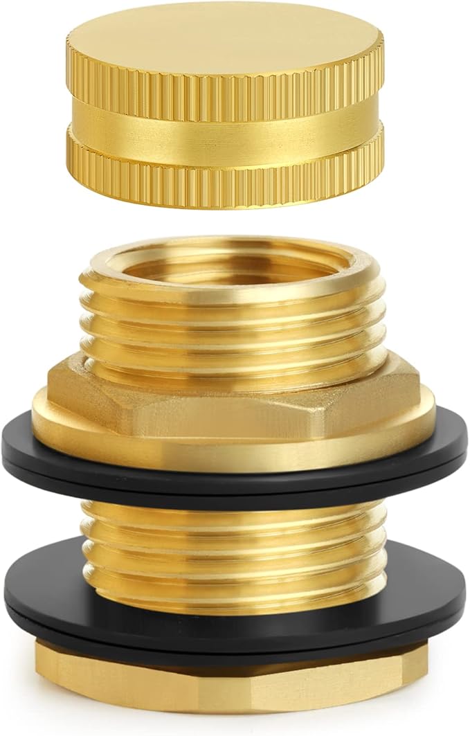 Brass Male Garden Hose Bulkhead Fitting With Plug, 1/2" Female NPT, 3/4" Male GHT (garden Hose Thread), Brass Tank Connector/drain/flush Port Kit For Rain Barrels, Aquariums, Sinks，1 Pack
