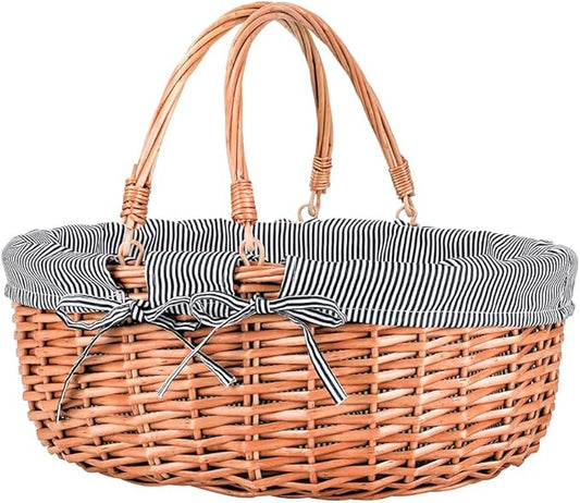 Large Wicker Picnic Basket with Handles,Handle Sturdy Woven Body with Removable and Washable Lining,Outdoor Camping,Gift Packing,Garden Picking, Storage.Gray