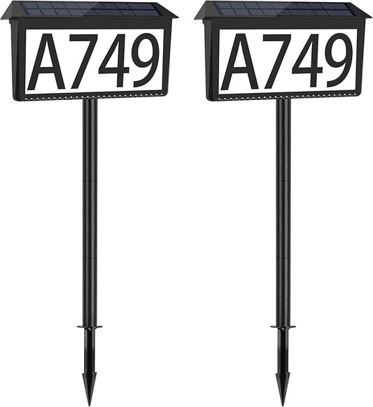 House Numbers for Outside Solar Powered, 2 Pack 3-Color LED Illuminated Solar Address Sign Plaques Waterproof with Stakes, Outdoor Lighted Home Number for Yard Garden Street Mailbox
