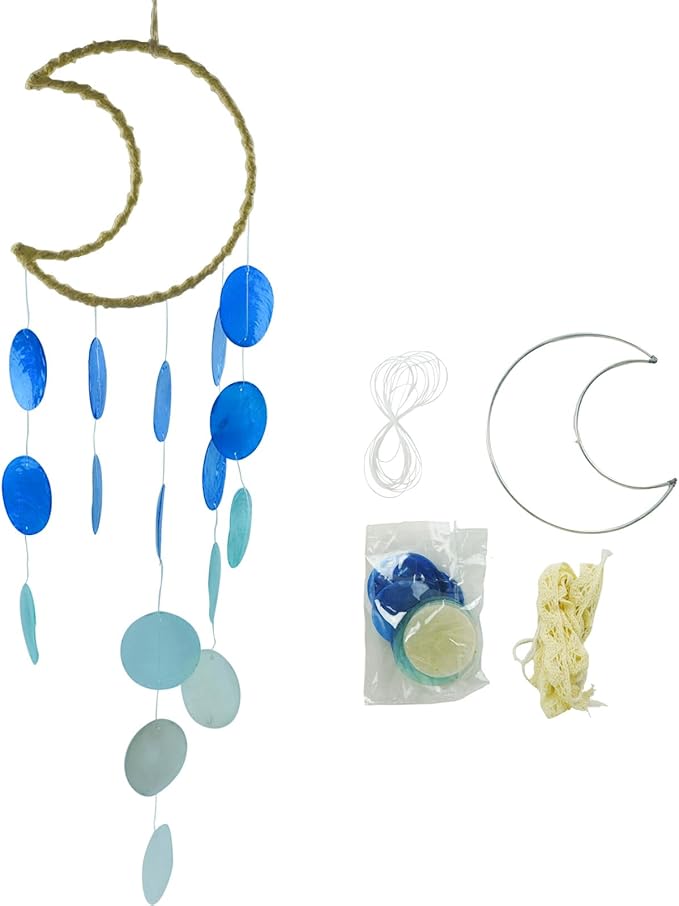 Wind Chimes Making Supplies Kits for Adults Arts and Crafts-DIY Wind Chime Parts with Round Capiz Shells Metal Hoops Moon Shaped Fishing Line Twine String Ribbon,Gifts for Women Mom(Blue)