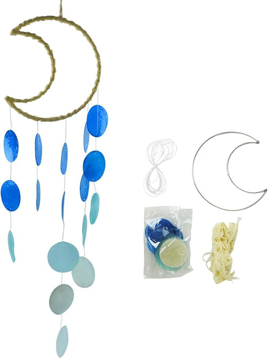 Wind Chimes Making Supplies Kits for Adults Arts and Crafts-DIY Wind Chime Parts with Round Capiz Shells Metal Hoops Moon Shaped Fishing Line Twine String Ribbon,Gifts for Women Mom(Blue)