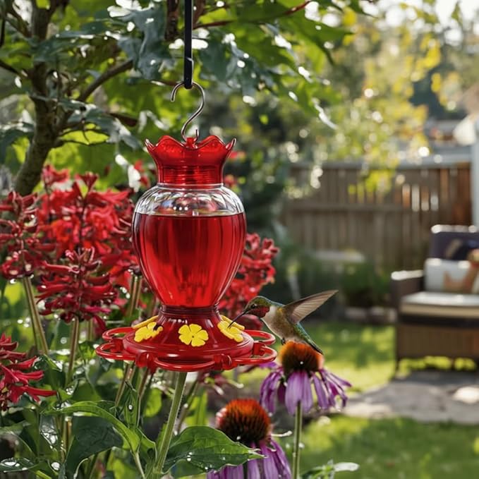 Backyard Expressions Hummingbird Feeder Set of 2 – Large 20 Oz Plastic Feeders for Outdoors with 6 Flower Ports, Built-in Ant Moat & Bee Guards, Wide Mouth Easy Fill, 2-Part Base for Fast Cleaning