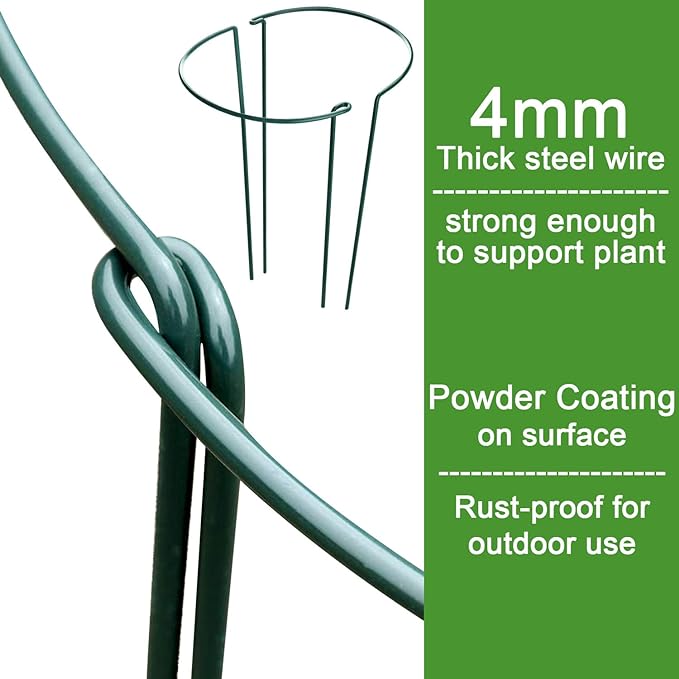 HiGift 16 Pack 24 Inch Plant Support Stakes, 10" Wide x 24" High Half Round Metal Garden Plant Stake Peony Support Cage, Green Plant Support Ring Border for Tomato,Hydrangea,Flower Indoor Outdoor