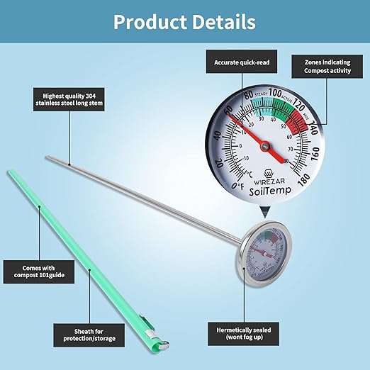 Compost Soil Thermometer Waterproof Soil Temperature Thermometer, 5 Inch Stainless Steel Stem, Ideal for Ground, Backyard Compost, Garden Soil(5'')