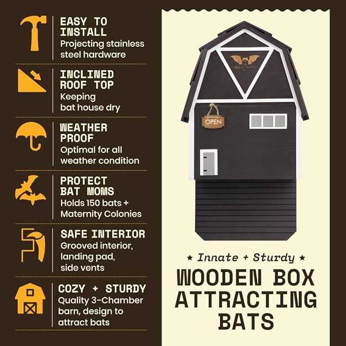 WildYard Big Bat Barn - 3-Chamber, Large Bat House - Black, Up to 150 - Ventilated Design for Year-Round Roosting - Textured Landing Pad for Effortless Entry - Preassembled Wall-Mount for Quick Setup