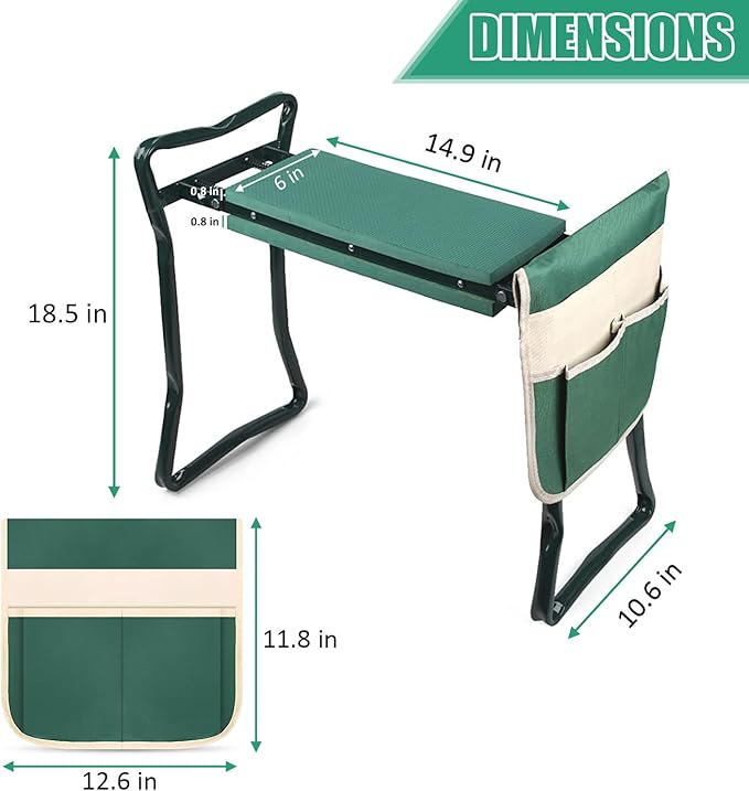 Garden Kneeler and Seat, Soft EVA Kneeling Pad Stool with Tool Pouch, Heavy Duty Foldable Gardener Stool, Green